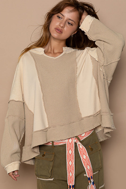 Long sleeve oversized fit knit top in french terry and thermal, frayed edge, notched neck