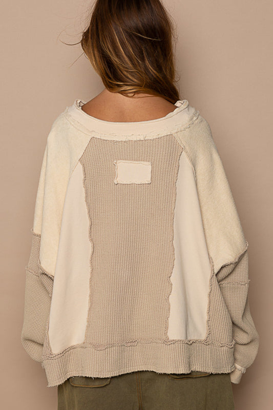 Long sleeve oversized fit knit top in french terry and thermal, frayed edge, notched neck