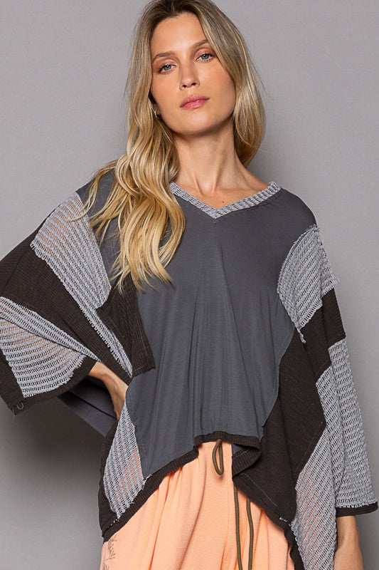 V-neck knit top, oversized fit, drop shoulder, see through fabric mixed, frayed edge detailing