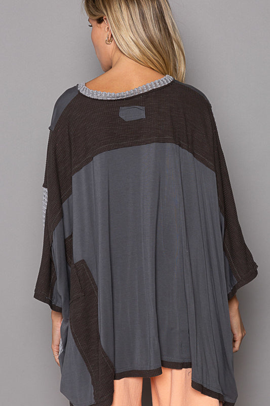 V-neck knit top, oversized fit, drop shoulder, see through fabric mixed, frayed edge detailing