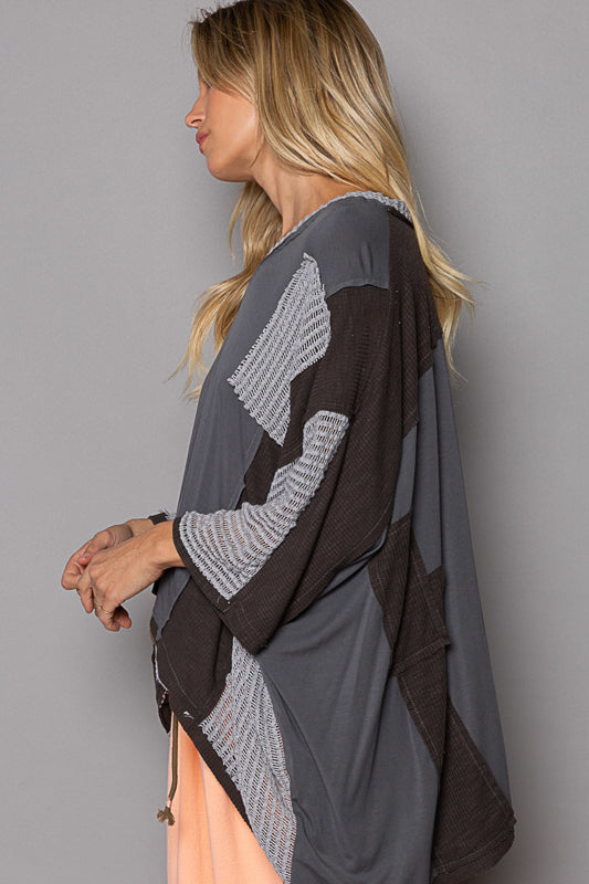 V-neck knit top, oversized fit, drop shoulder, see through fabric mixed, frayed edge detailing