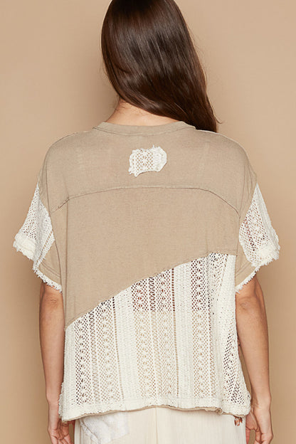 Oversized  knit top, crochet and printed thermal w/peace patch, frayed edge, half sleeve