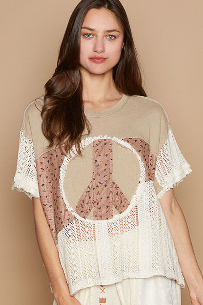 Oversized  knit top, crochet and printed thermal w/peace patch, frayed edge, half sleeve