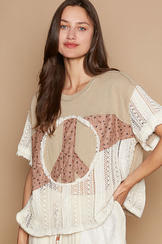 Oversized  knit top, crochet and printed thermal w/peace patch, frayed edge, half sleeve