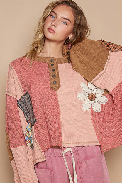 Long Sleeve  Oversized Top with flower applique