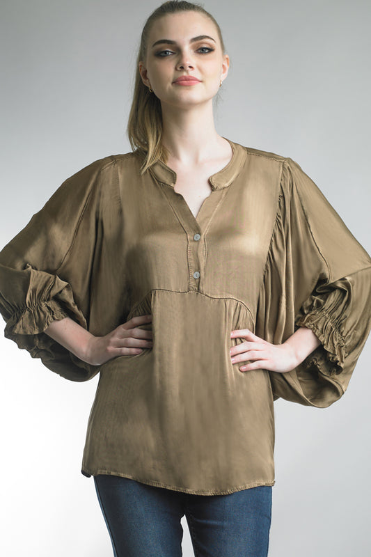 Women's satin blouse with v-neck and gathered sleeve