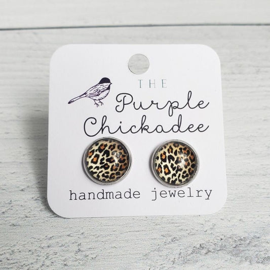 12mm Tan Leopard Stud Earrings - Silver - Bay-Tique