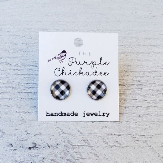 12mm White Buffalo Plaid Stud Earrings - Bay-Tique