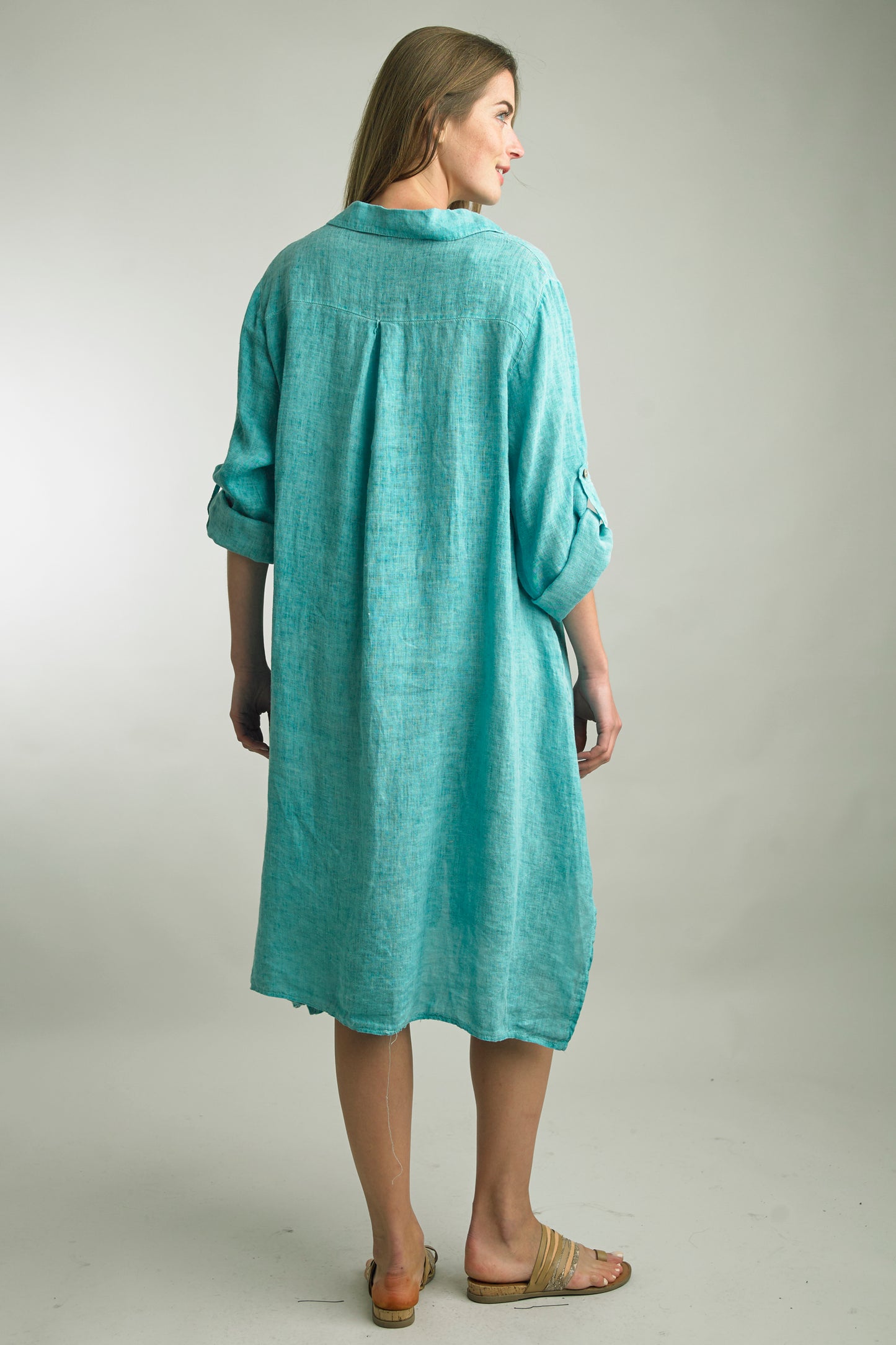 Women's Washed Linen, midi length, 3/4 sleeve, button up dress
