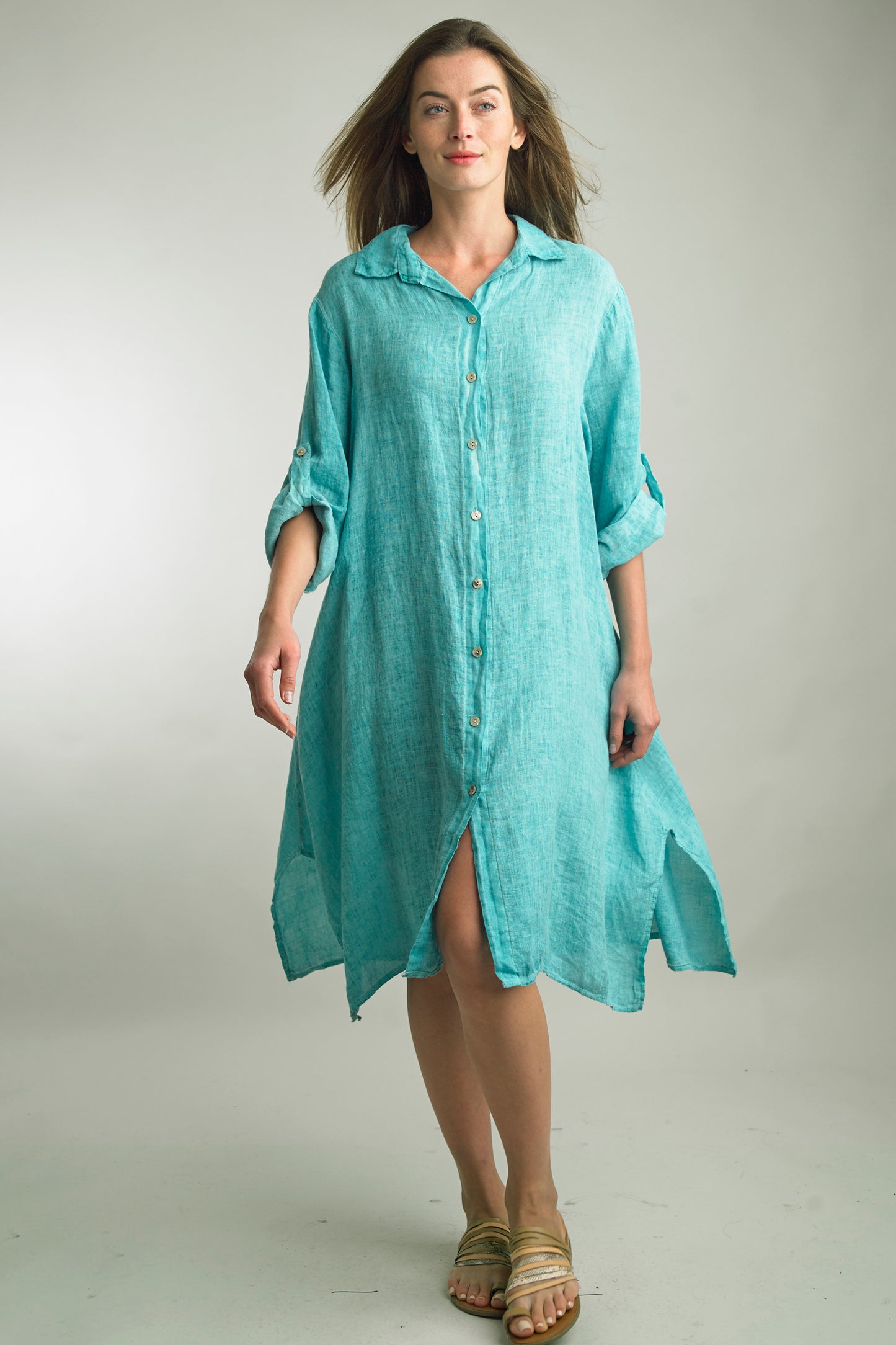 Women's Washed Linen, midi length, 3/4 sleeve, button up dress