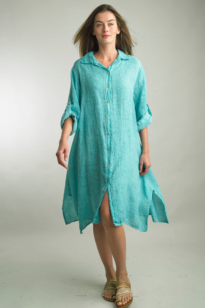 Women's Washed Linen, midi length, 3/4 sleeve, button up dress
