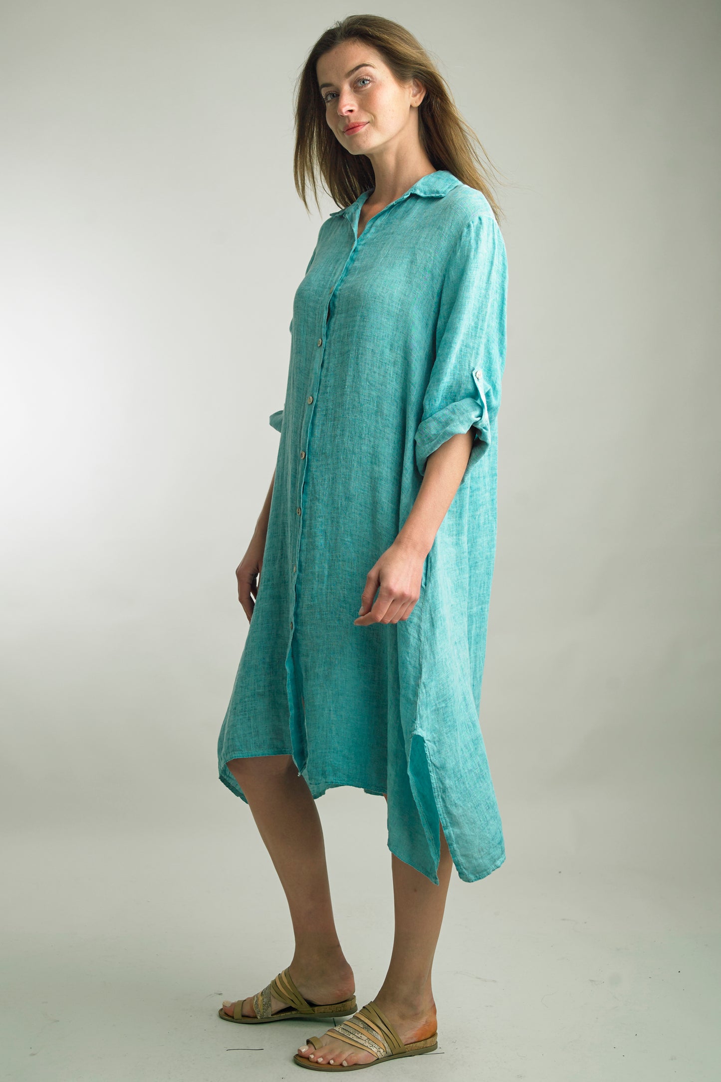 Women's Washed Linen, midi length, 3/4 sleeve, button up dress