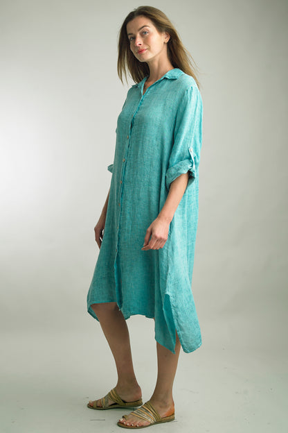 Women's Washed Linen, midi length, 3/4 sleeve, button up dress
