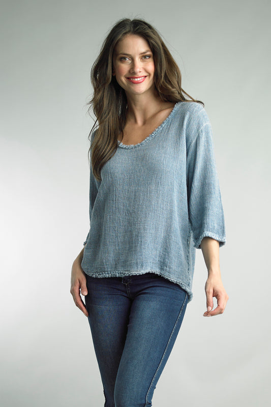 Women's 3/4 sleeve v-neck linen & cotton top with decorative edging