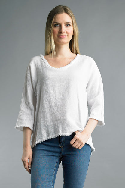 Women's 3/4 sleeve v-neck linen & cotton top with decorative edging