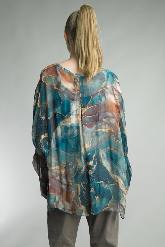 Women's silk button blouse with floral abstract print, lined