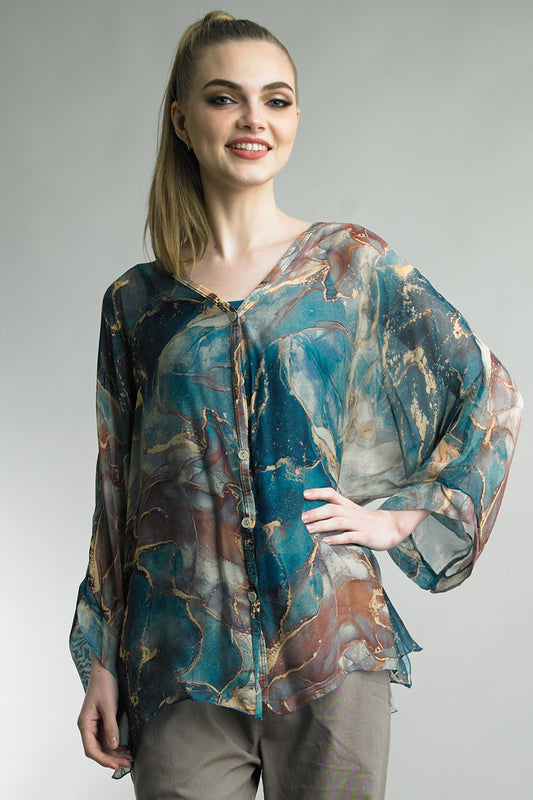 Women's silk button blouse with floral abstract print, lined