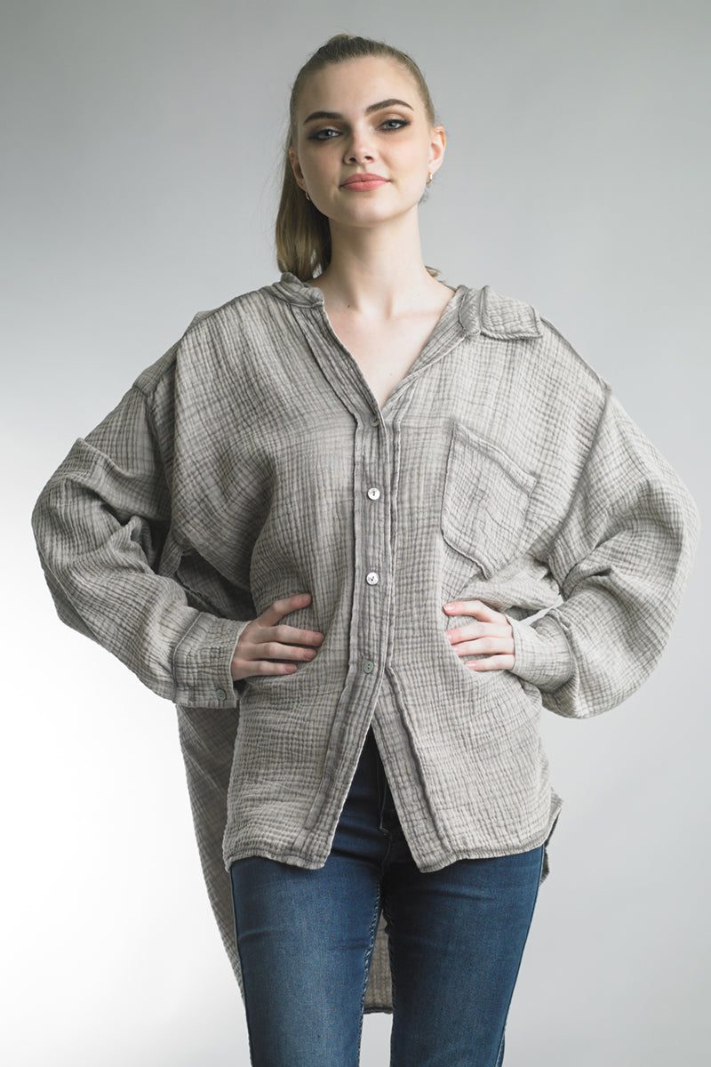 Women's gauze Button down oversized washed top with collar