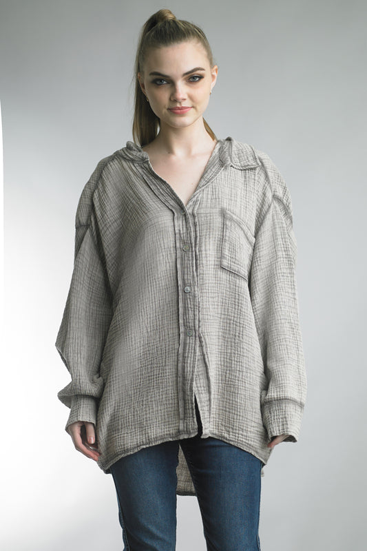 Women's gauze Button down oversized washed top with collar