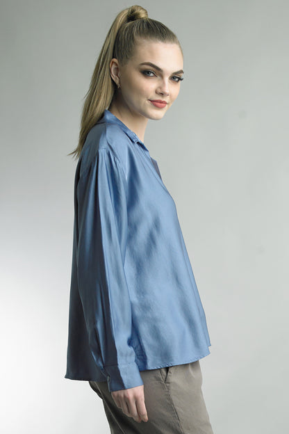 Women's satin button down blouse.