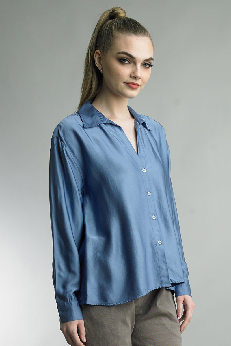 Women's satin button down blouse.