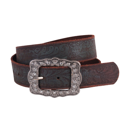 Tooled Leather Belt with Vintage Rhinestone Frame Buckle