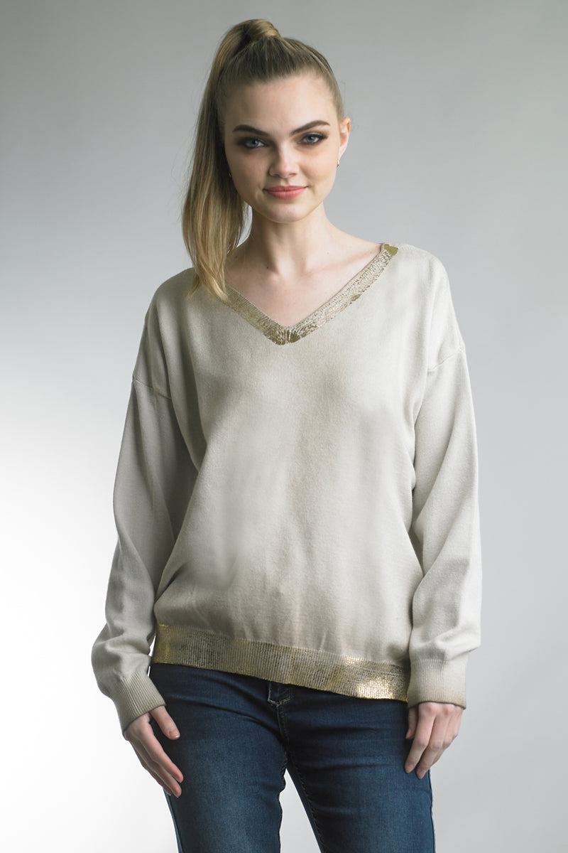 Women's lightweight v-neck sweater with metallic trim at neck and waist