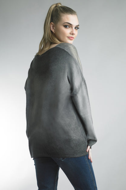 Women's lightweight v-neck sweater with metallic wash on front