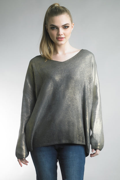 Women's lightweight v-neck sweater with metallic wash on front