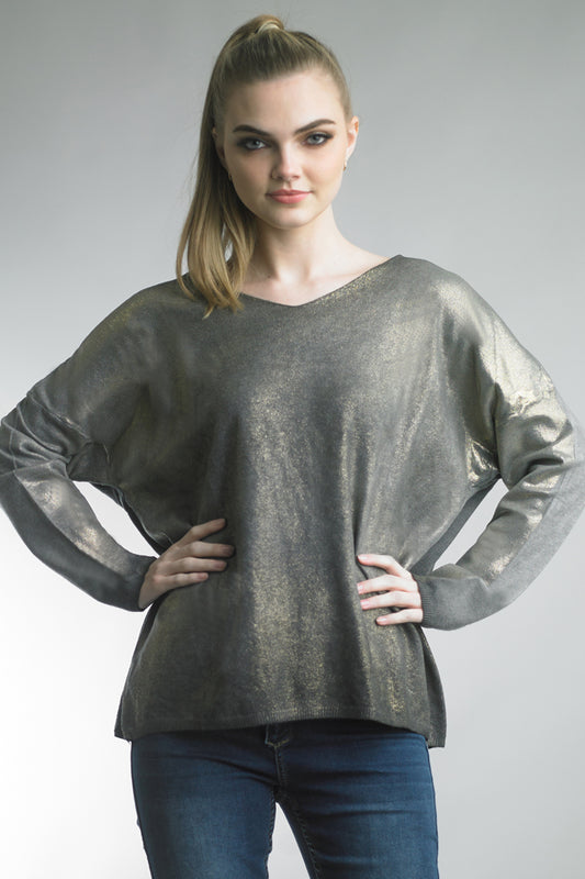 Women's lightweight v-neck sweater with metallic wash on front