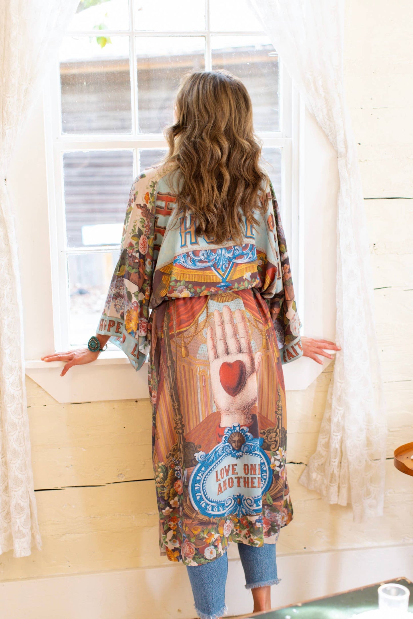 Love Language Printed Long Duster Bamboo Kimono Robe