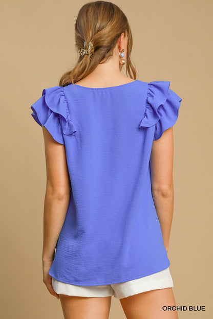 Women's V-Neck Double Layered Flutter Sleeve Blouse with No Lining
