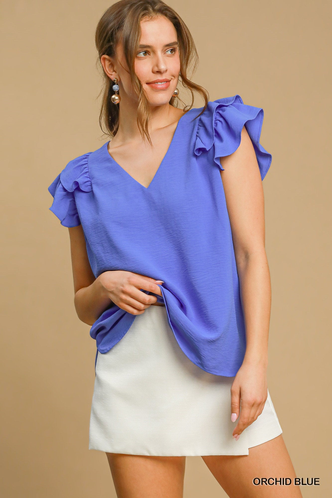 Women's V-Neck Double Layered Flutter Sleeve Blouse with No Lining