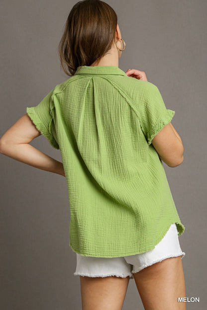 Women's Short Sleeve Collared Button Up Top with Frayed Hem