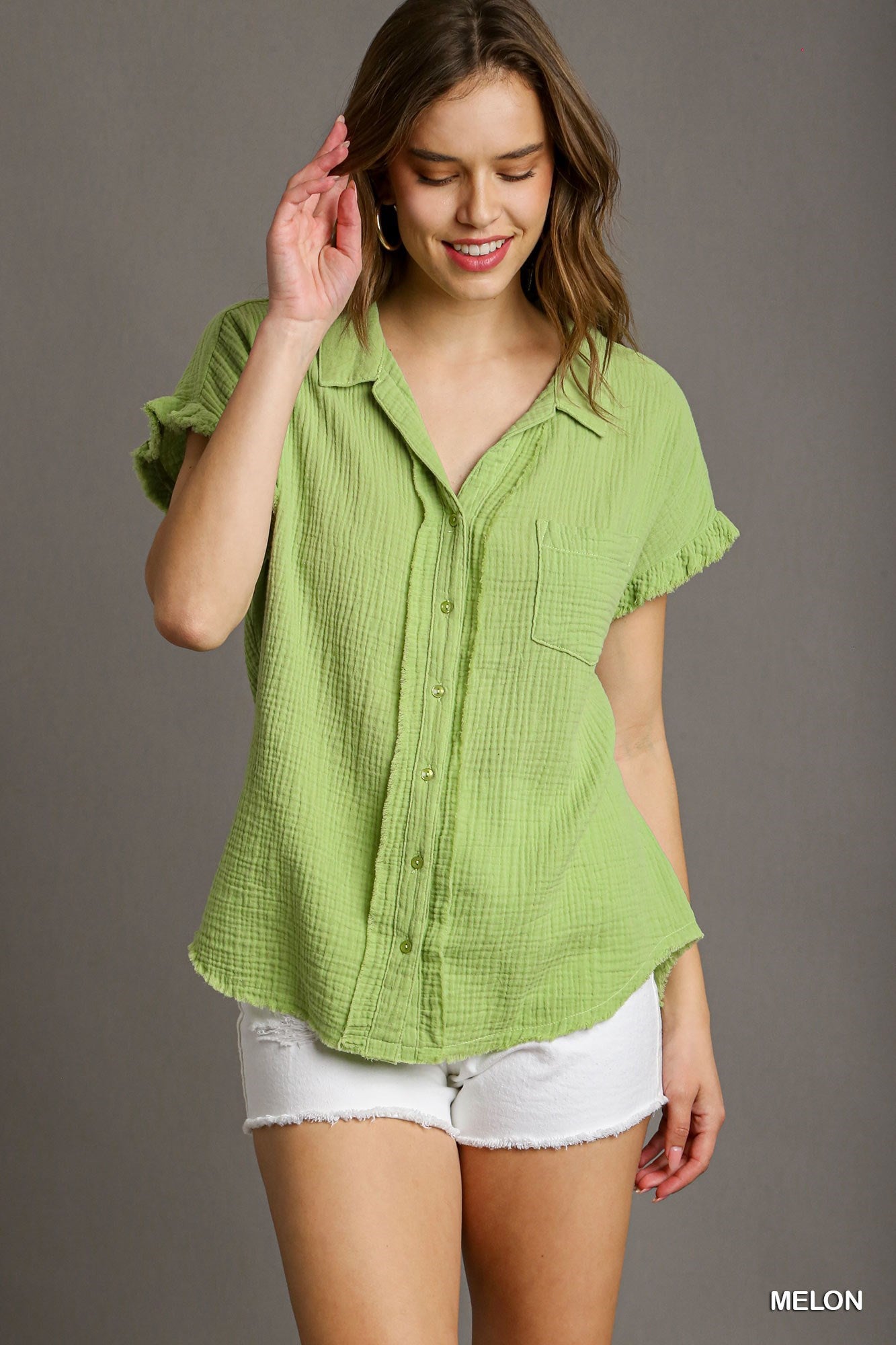 Women's Short Sleeve Collared Button Up Top with Frayed Hem