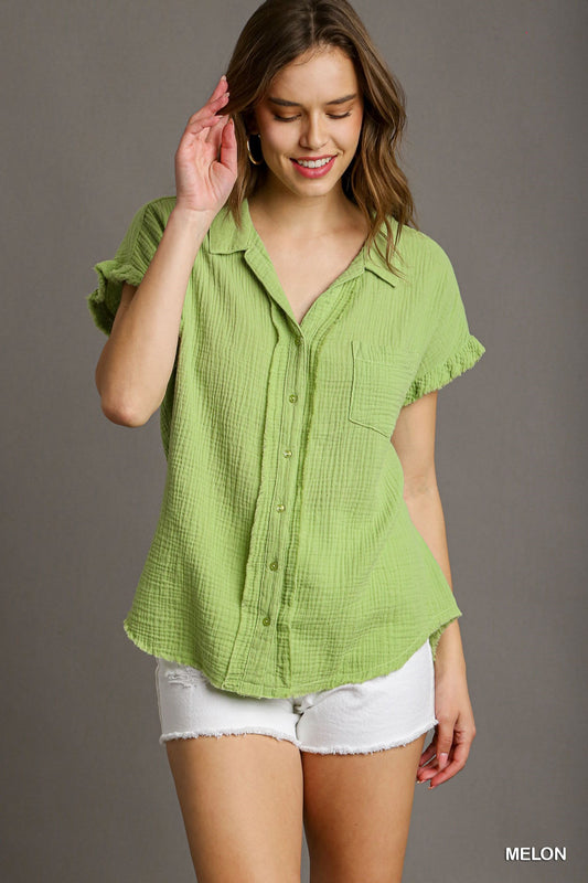Women's Short Sleeve Collared Button Up Top with Frayed Hem