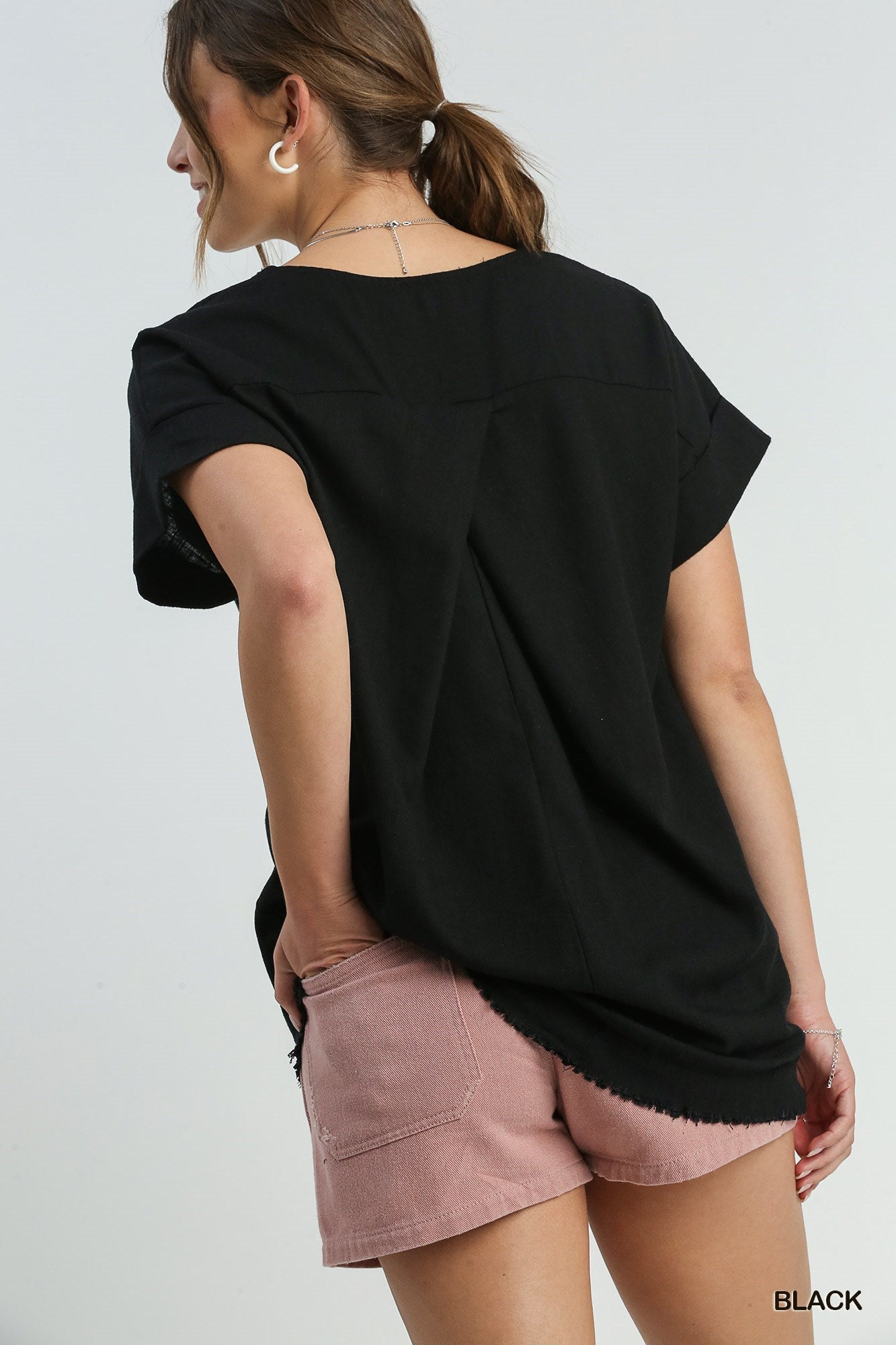 Women's Linen Blend Top, Cuffed Sleeve, Frayed Hem