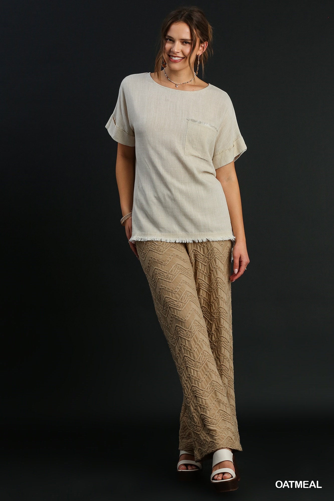 Women's Linen Blend Top, Cuffed Sleeve, Frayed Hem