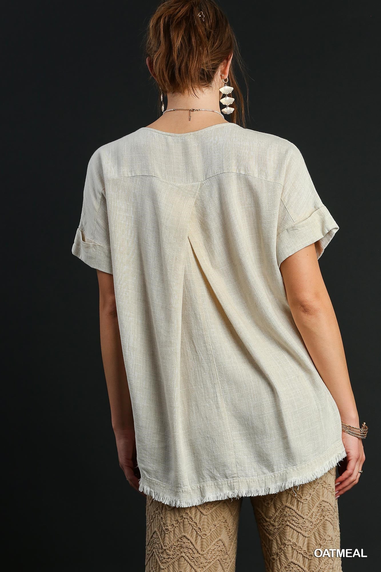 Women's Linen Blend Top, Cuffed Sleeve, Frayed Hem