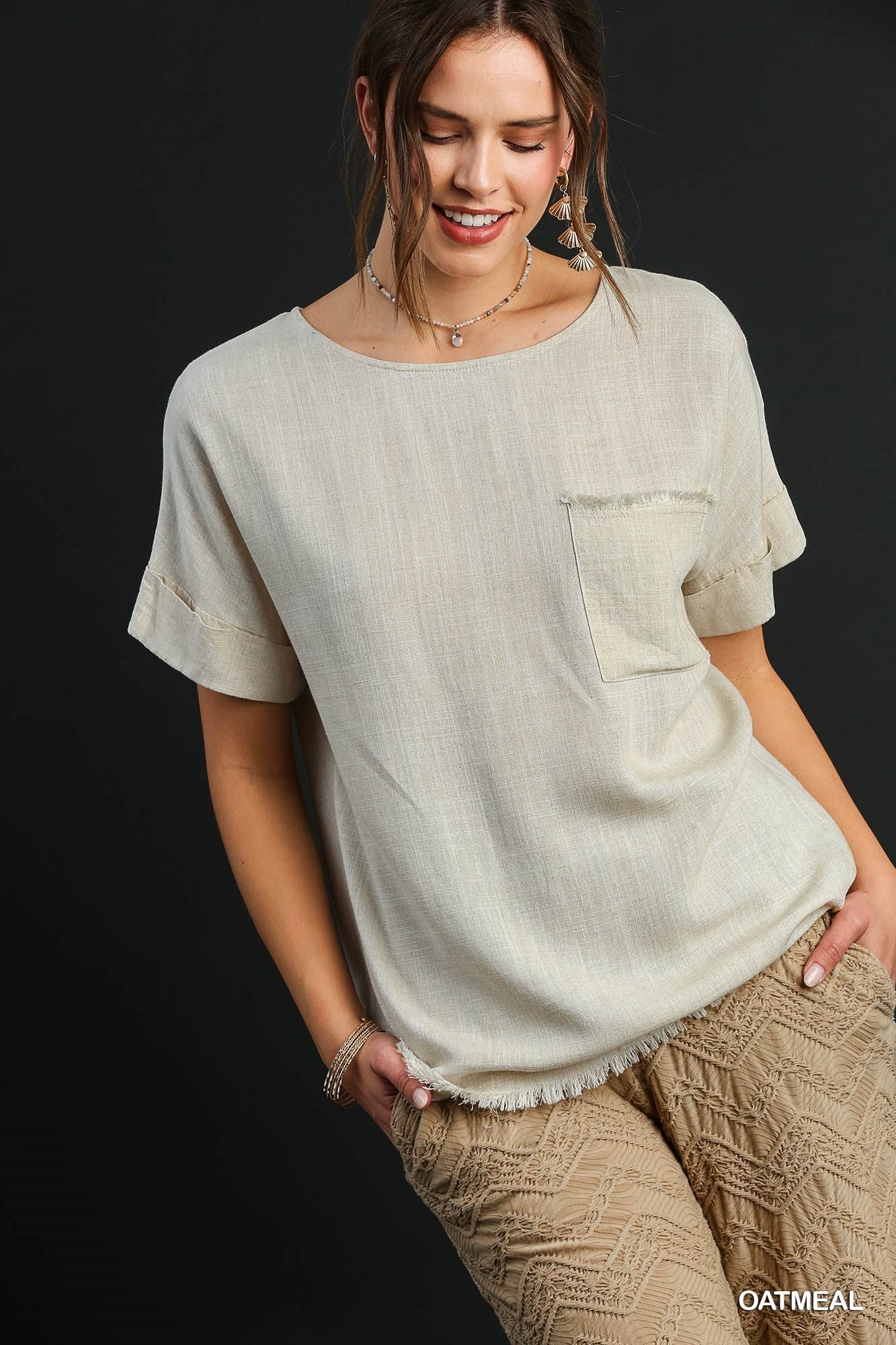 Women's Linen Blend Top, Cuffed Sleeve, Frayed Hem