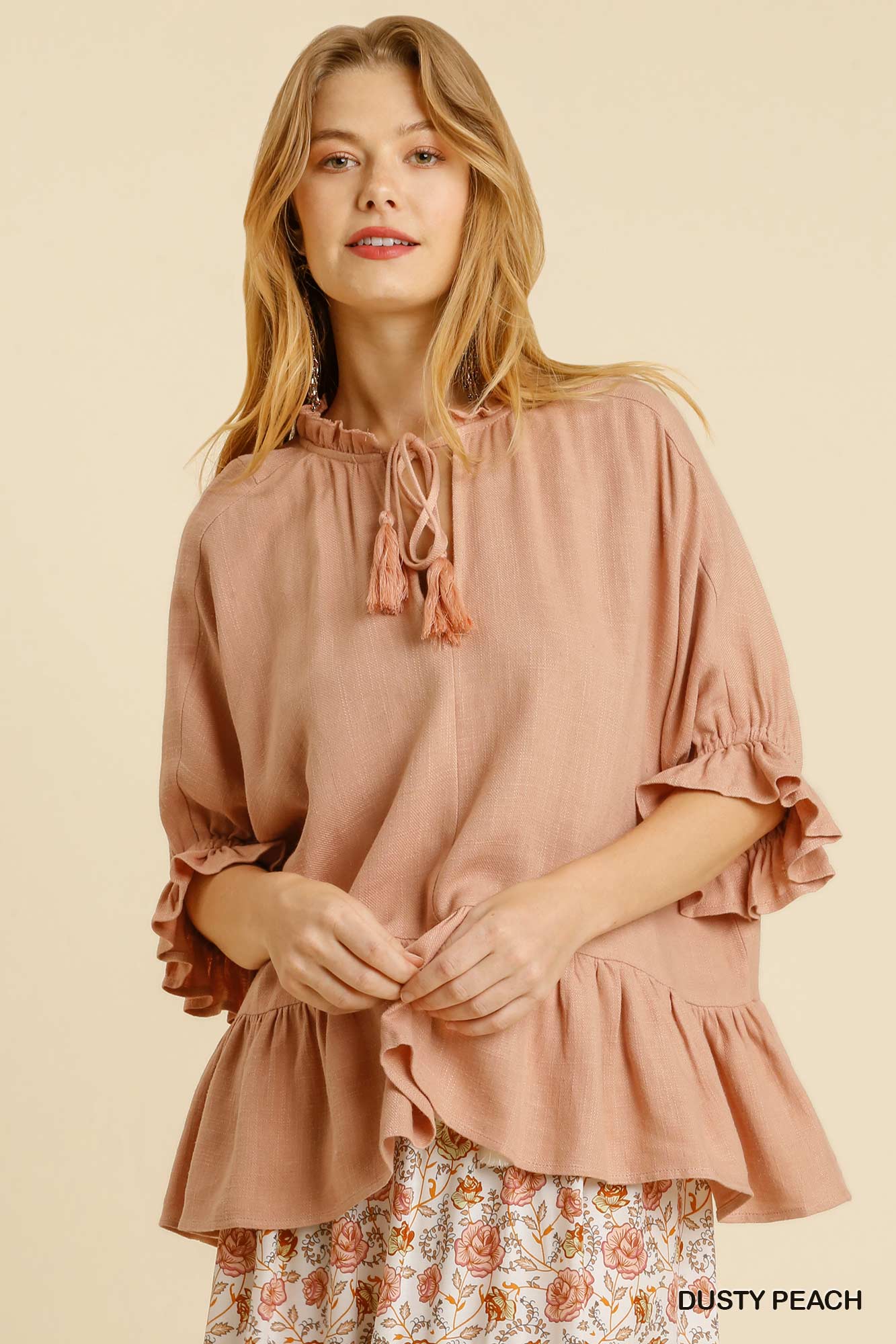 Linen Blend Half Sleeve Top wFront Tassel Tie & Ruffle Hem