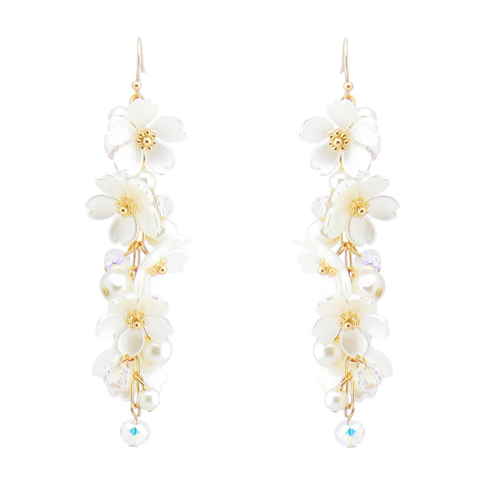 Pearl, Flower, and Crystals on Gold Chain 2.5" Drop Earring