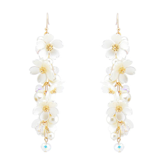 Pearl, Flower, and Crystals on Gold Chain 2.5" Drop Earring