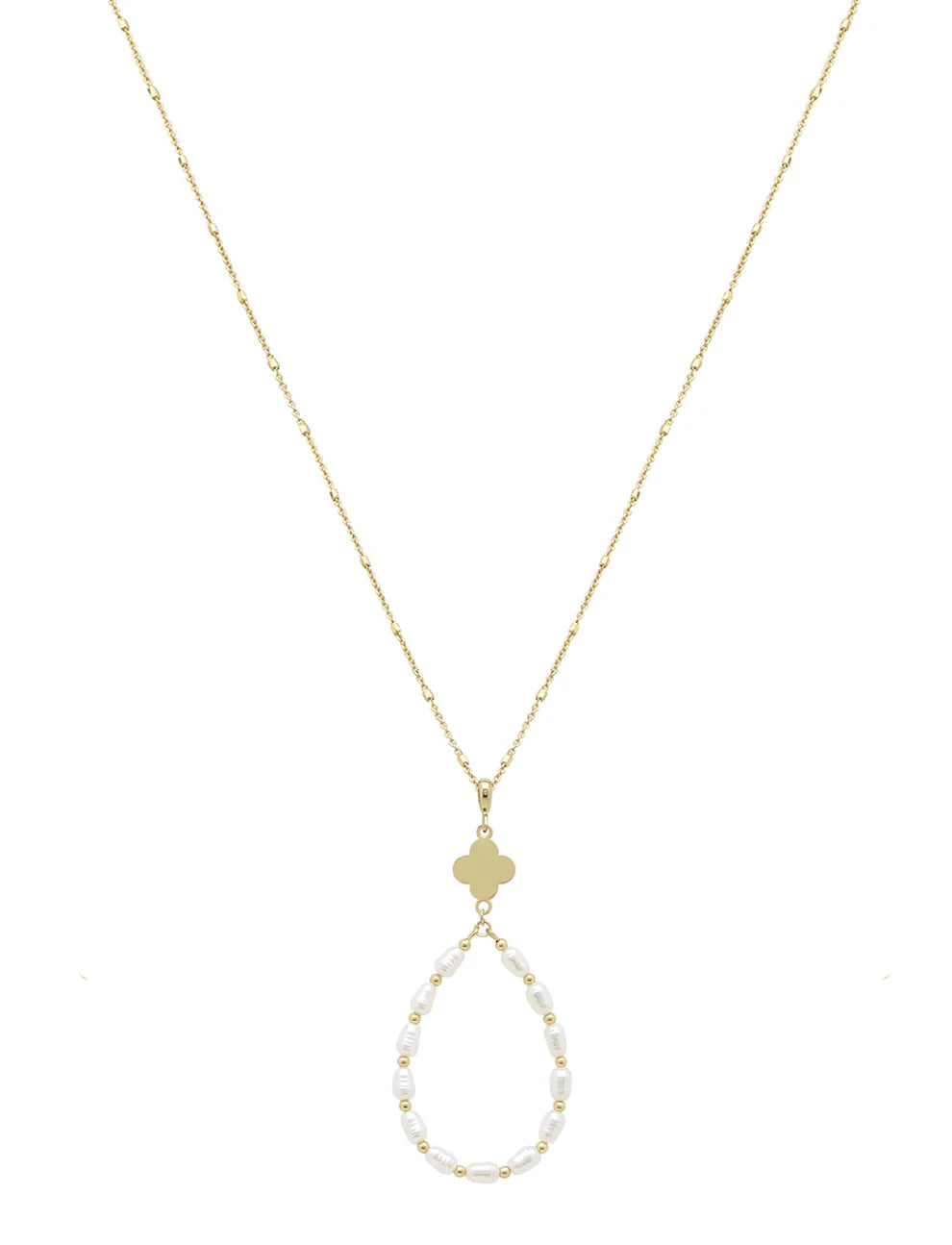 Gold Clover with Pearl Teardrop 32" Necklace