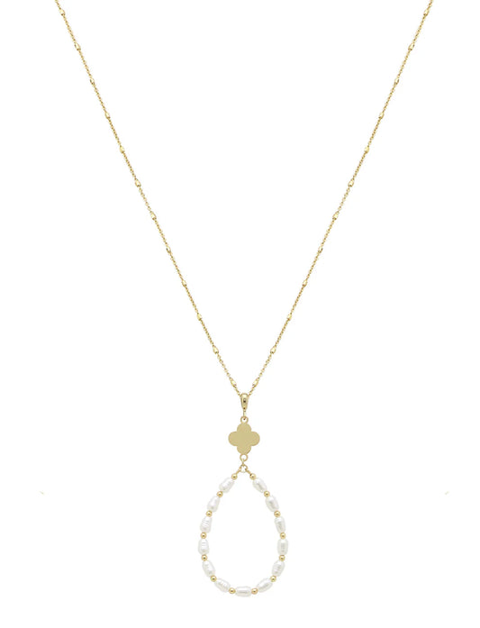 Gold Clover with Pearl Teardrop 32" Necklace