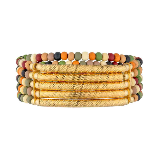 Multi Wood & Gold Stretch Bracelet 5 Rows