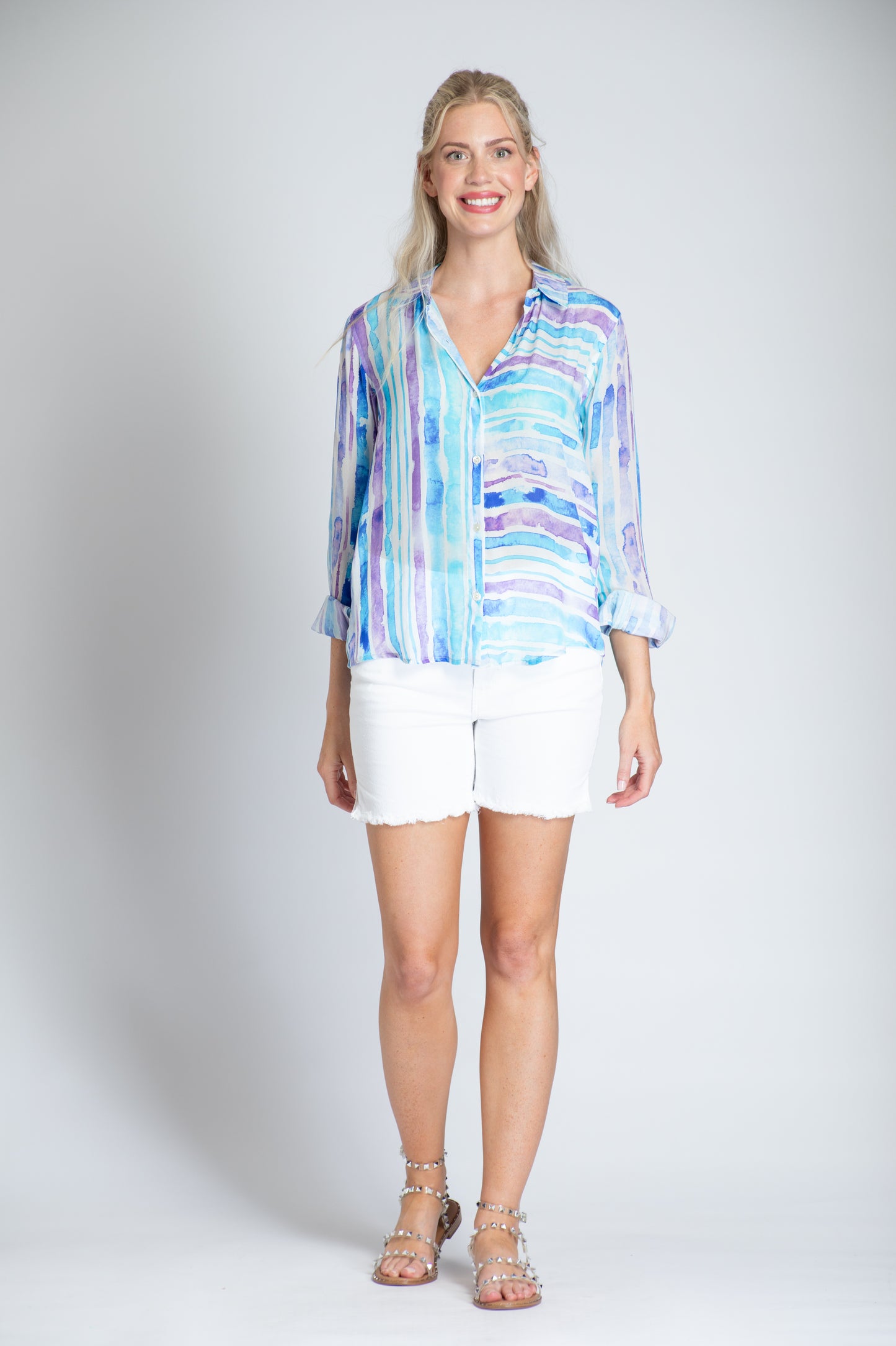 Button-Up Blouse Top w/Roll-Up Sleeve