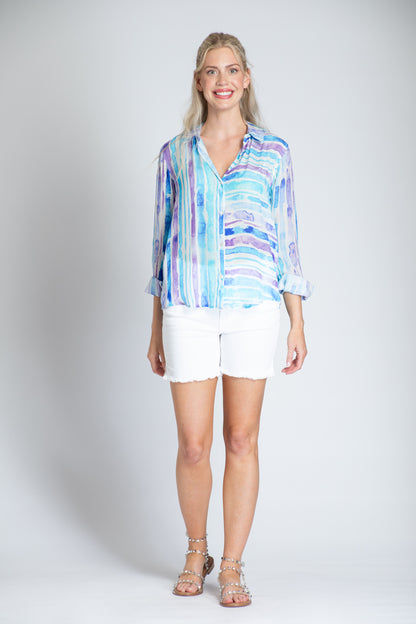 Button-Up Blouse Top w/Roll-Up Sleeve