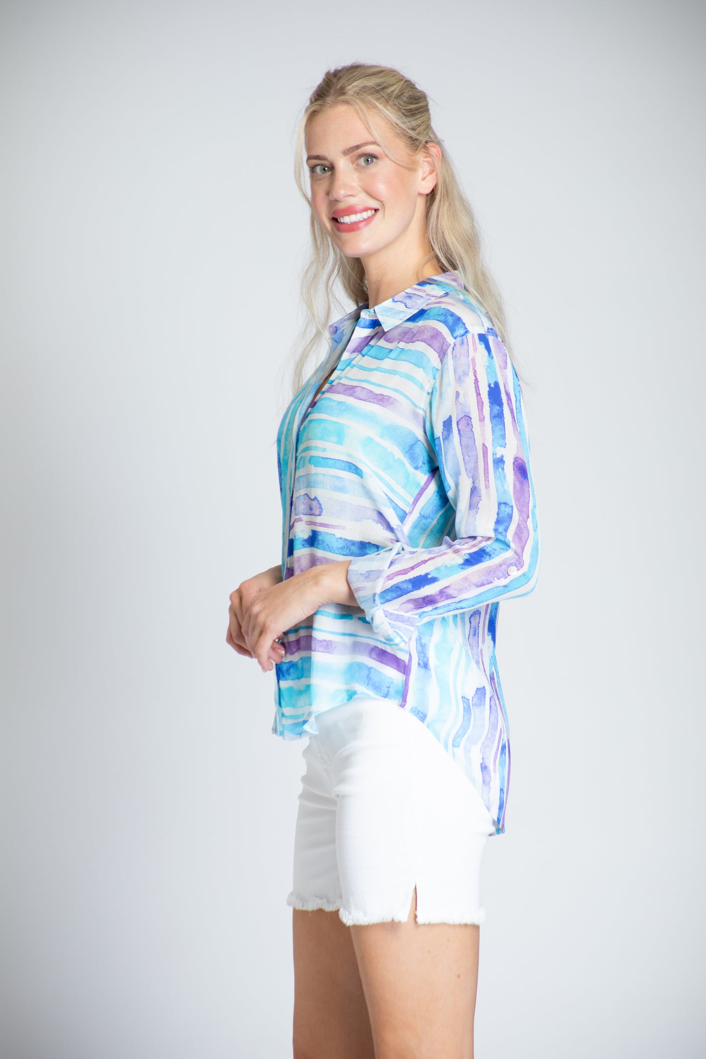 Button-Up Blouse Top w/Roll-Up Sleeve