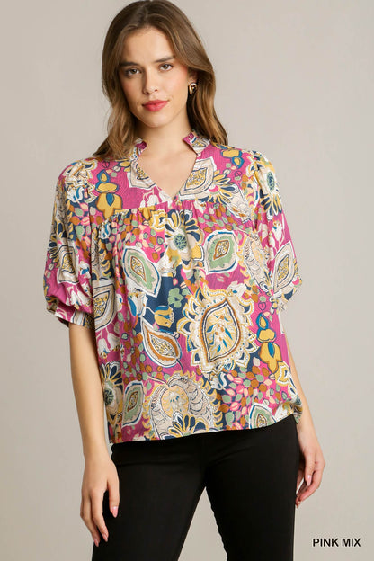 Mixed Print Pleated Top